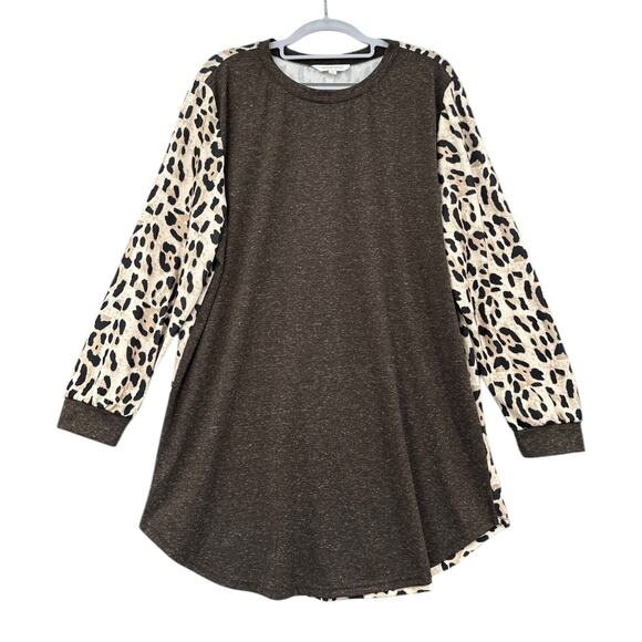 Amaryllis Leopard Animal Print Long Sleeves Crew Neck Contrast Tunic Top XL - Picture 1 of 7